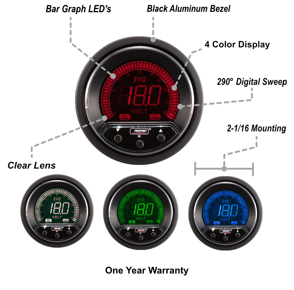 Medidor de voltios eléctrico Prosport Premium Evo de 2-1/16"