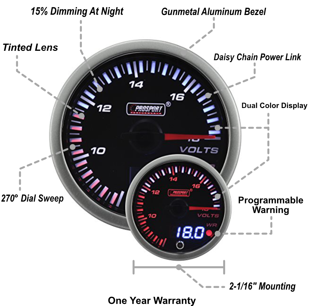 Medidor de voltios eléctrico JDM Prosport de 2-1/16"