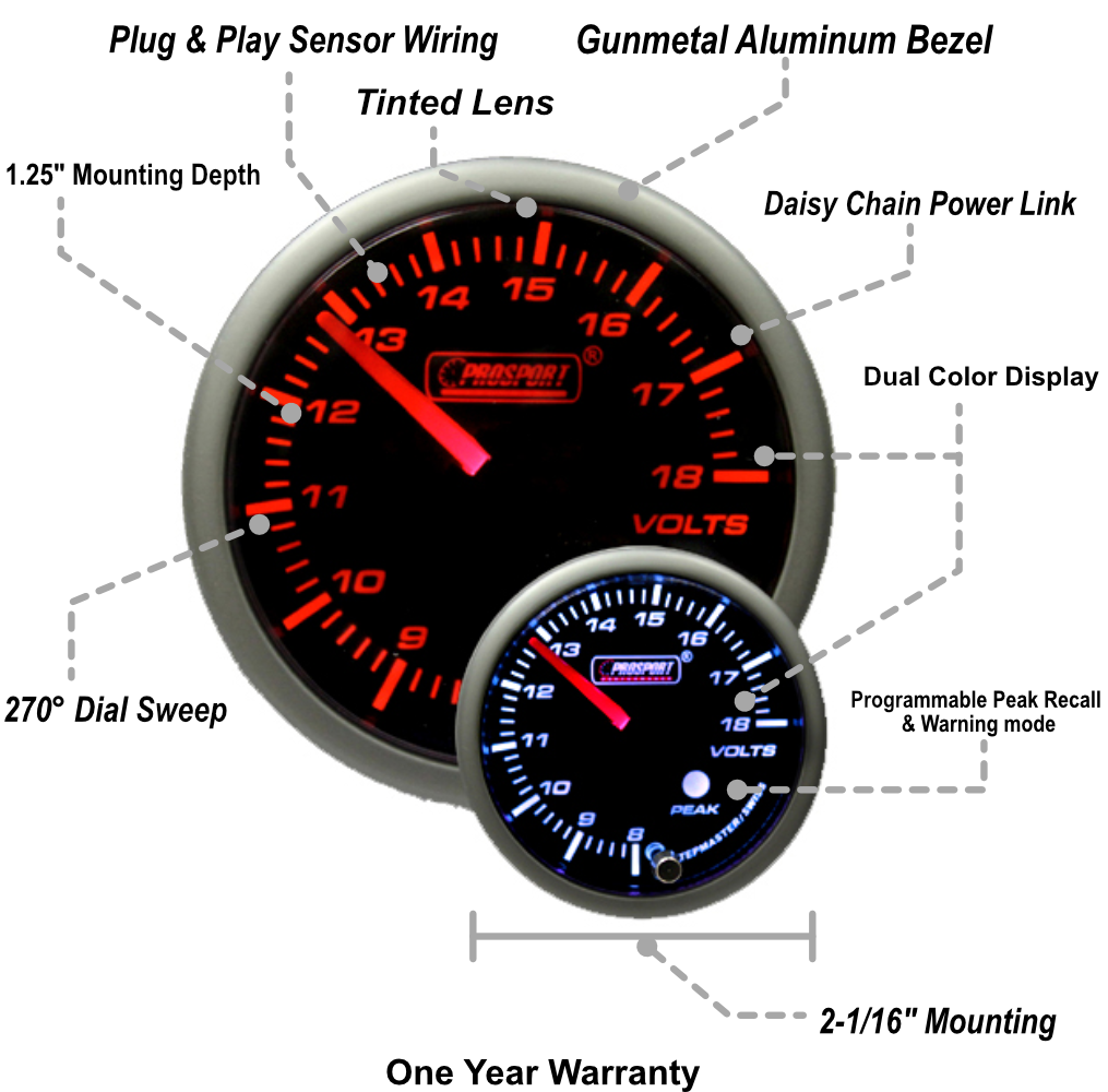 Prosport 2-1/16" Premium Amber / White Volt Gauge