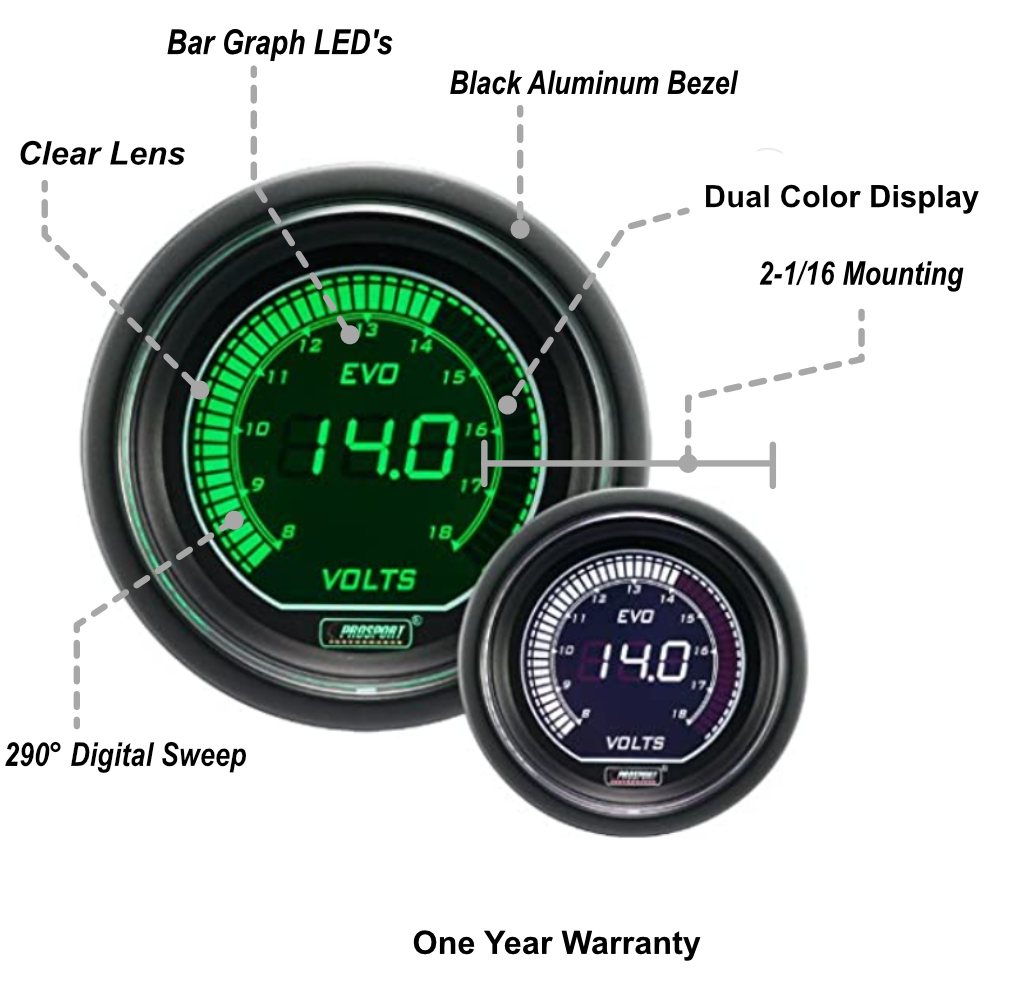 Medidor de voltaje eléctrico Prosport Evo de 2-1/16" (blanco y verde)