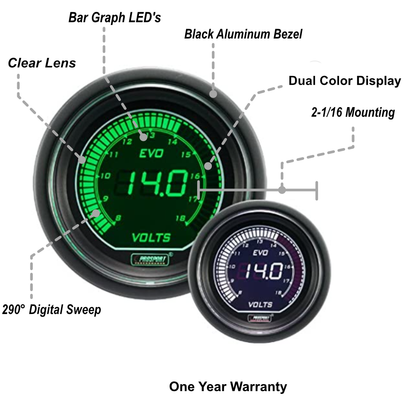 Medidor de voltaje eléctrico Prosport Evo de 2-1/16" (blanco y verde)