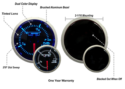 Prosport Blue / White - 2-1/16" Fuel Level Gauge