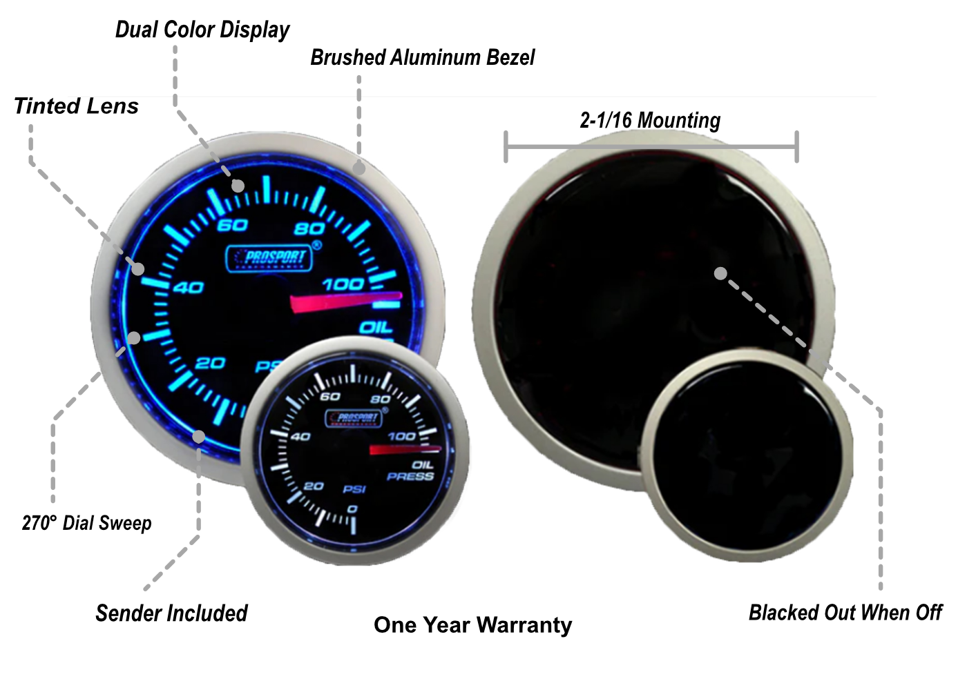 Prosport 2-1/16" Blue/White Oil Pressure Gauge-2-1/16"
