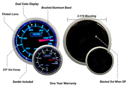 Prosport 2-1/16" Blue/White Oil Pressure Gauge-2-1/16"