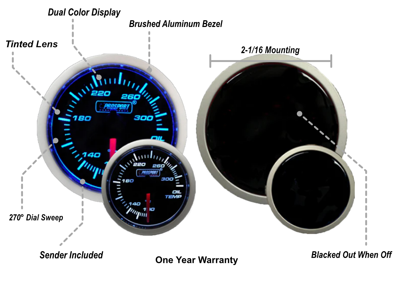 Medidor de temperatura de aceite eléctrico azul/blanco Prosport de 2-1/16" 