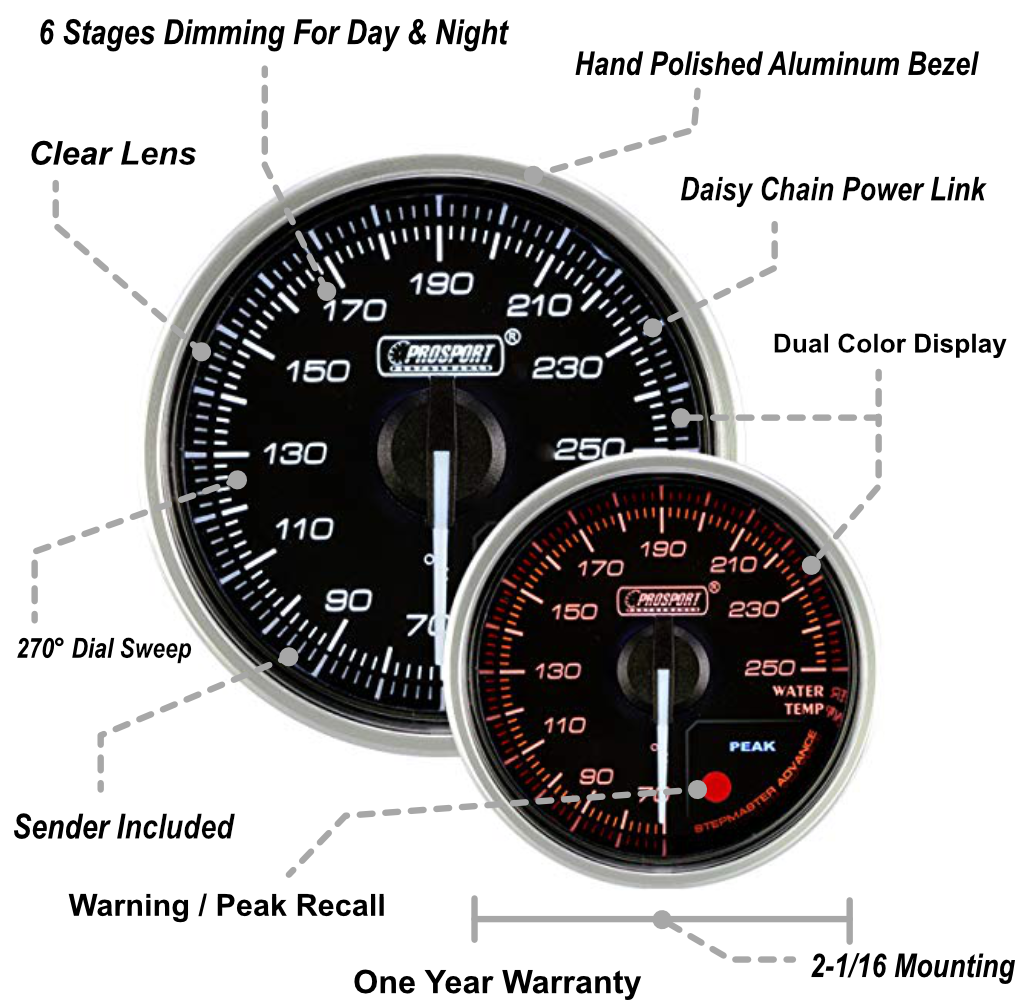Medidor de temperatura de agua eléctrico Prosport Supreme Series de 2-1/16"