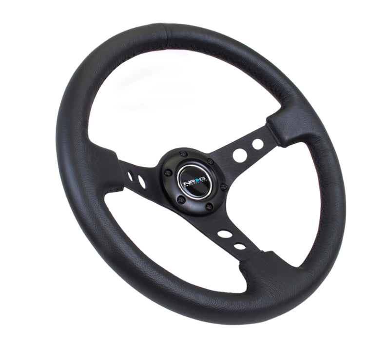 NRG Reinforced Steering Wheel Black Leather w/Black Spoke & Circle Cutouts (Universal)