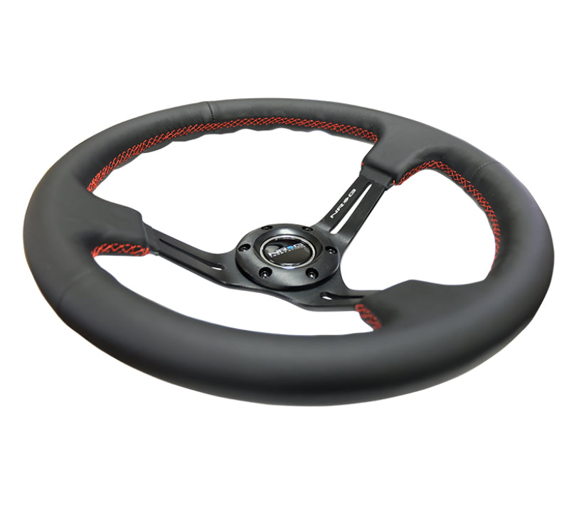NRG Reinforced Steering Wheel (350mm / 3in. Deep) Black Leather/Red Stitch & Blk 3-Spoke w/Slits (Universal)