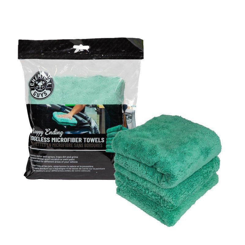 Chemical Guys Happy Ending Ultra Edgeless Microfiber Towel - 16in x 16in - Green - 3 Pack (P16)