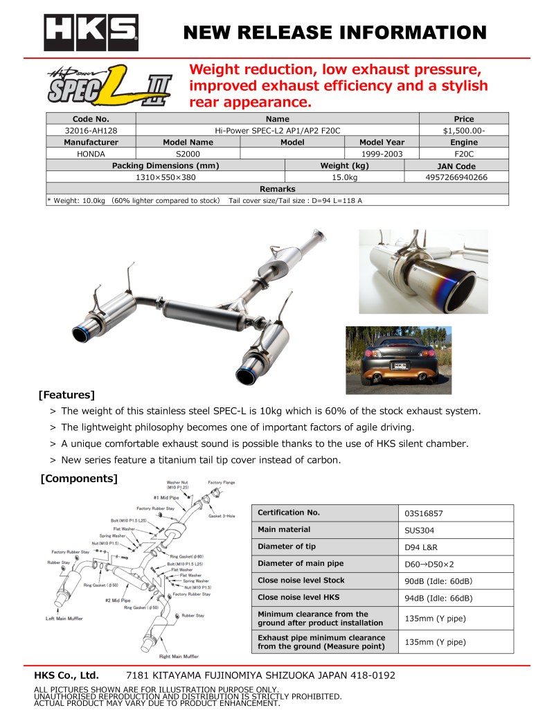 Silenciador de alta potencia HKS Escape SPEC-L II (00-09 Honda S2000)