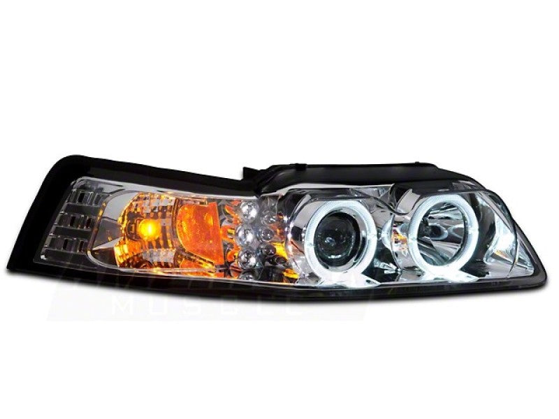 Raxiom Dual LED Halo Projector Headlights- Chrome Housing Clear Lens (99-04 Ford Mustang)