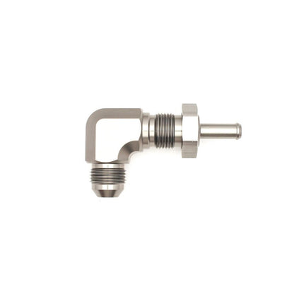 DeatschWerks 8AN Male Flare To 5/16in. Male Barb Bulkhead Adapter 90 - Degree (Incl. Nut) - DeatschWerks