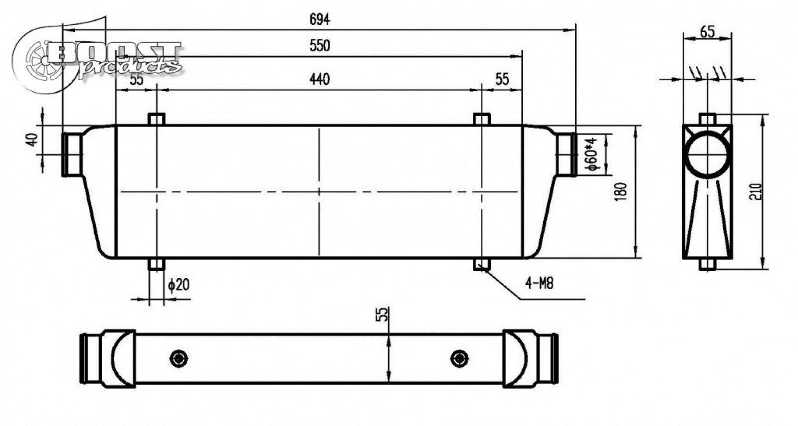 Productos BOOST Intercooler de competición 500HP 550x180x65mm (22" x 7" x 2,5") - 60mm (2,36") E/S OD