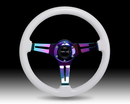 NRG White Wood Steering Wheel w/ NeoChrome Center - JD Customs U.S.A