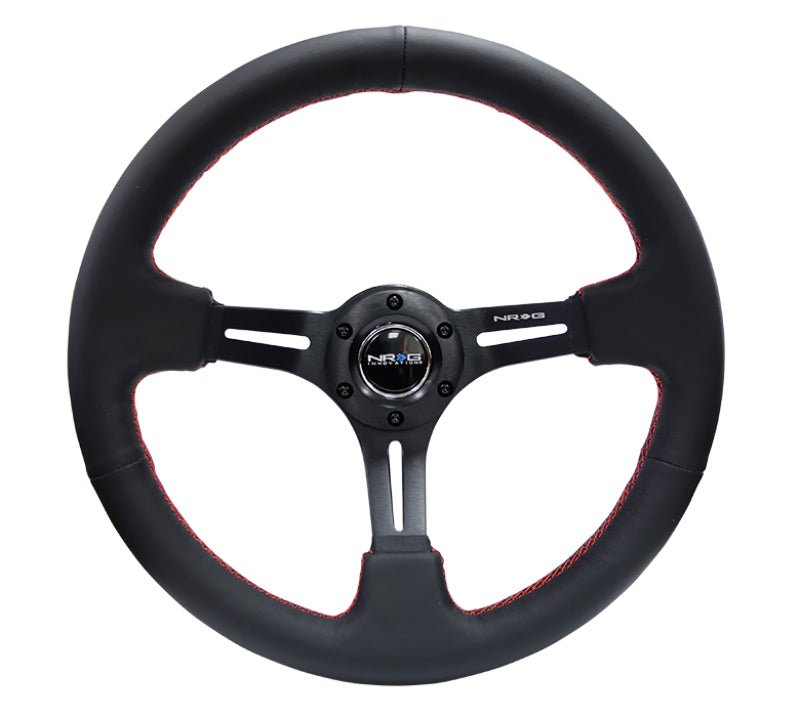 NRG Reinforced Steering Wheel (350mm / 3in. Deep) Black Leather/Red Stitch & Blk 3 - Spoke w/Slits (Universal) - NRG