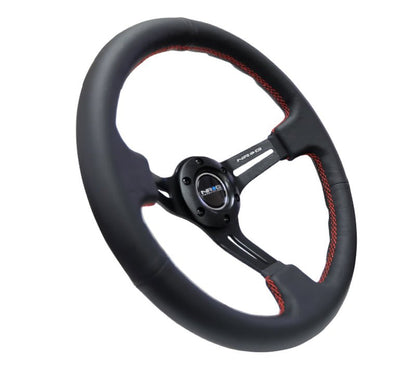 NRG Reinforced Steering Wheel (350mm / 3in. Deep) Black Leather/Red Stitch & Blk 3 - Spoke w/Slits (Universal) - NRG