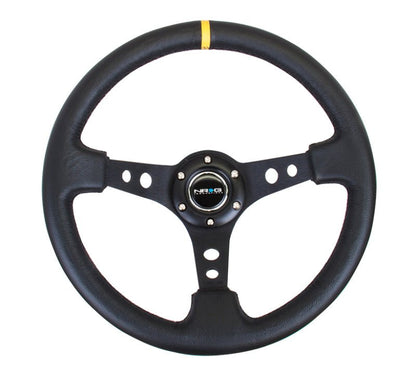 NRG Reinforced Steering Wheel Black Leather w/Black Cutout Spoke/Yellow Center Mark (Universal) - NRG