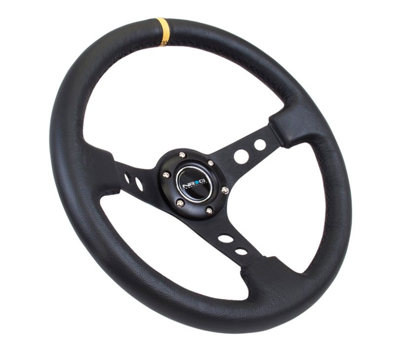 NRG Reinforced Steering Wheel Black Leather w/Black Cutout Spoke/Yellow Center Mark (Universal) - NRG