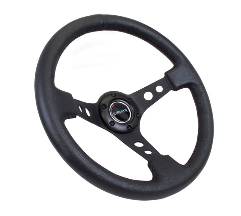 NRG Reinforced Steering Wheel Black Leather w/Black Spoke & Circle Cutouts (Universal) - NRG