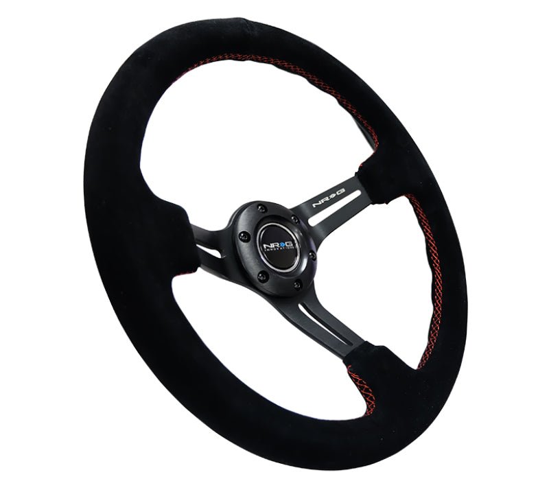 NRG Reinforced Steering Wheel Black Suede w/Red Stitching & 5mm Spokes w/Slits (Universal) - NRG