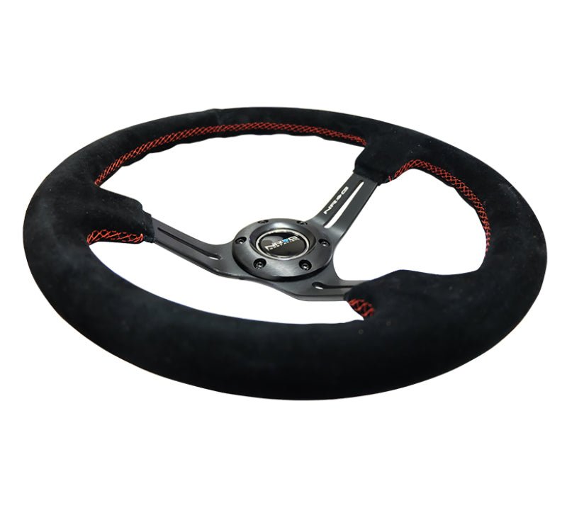 NRG Reinforced Steering Wheel Black Suede w/Red Stitching & 5mm Spokes w/Slits (Universal) - NRG