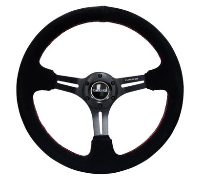 NRG Reinforced Steering Wheel Black Suede w/Red Stitching & 5mm Spokes w/Slits (Universal) - NRG