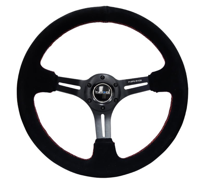 NRG Reinforced Steering Wheel Black Suede w/Red Stitching & 5mm Spokes w/Slits (Universal) - NRG