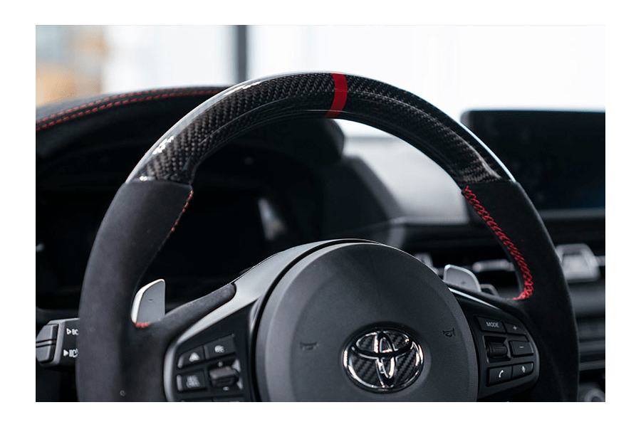 OLM Carbon Pro Steering Wheel Carbon Fiber and Alcantara with Red Stripe (MK5 Supra) - OLM