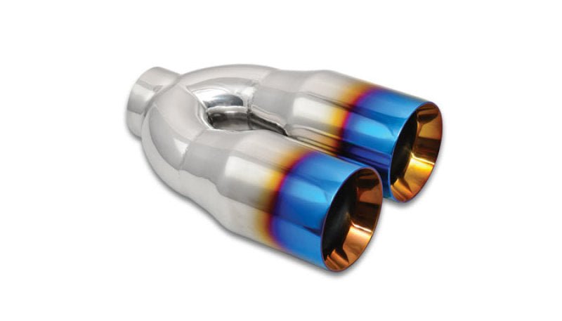 Vibrant 2.5in ID Dual 3.5in OD Round SS Tips (Double Wall, Straight Cut) with Burnt Blue Finish - Vibrant